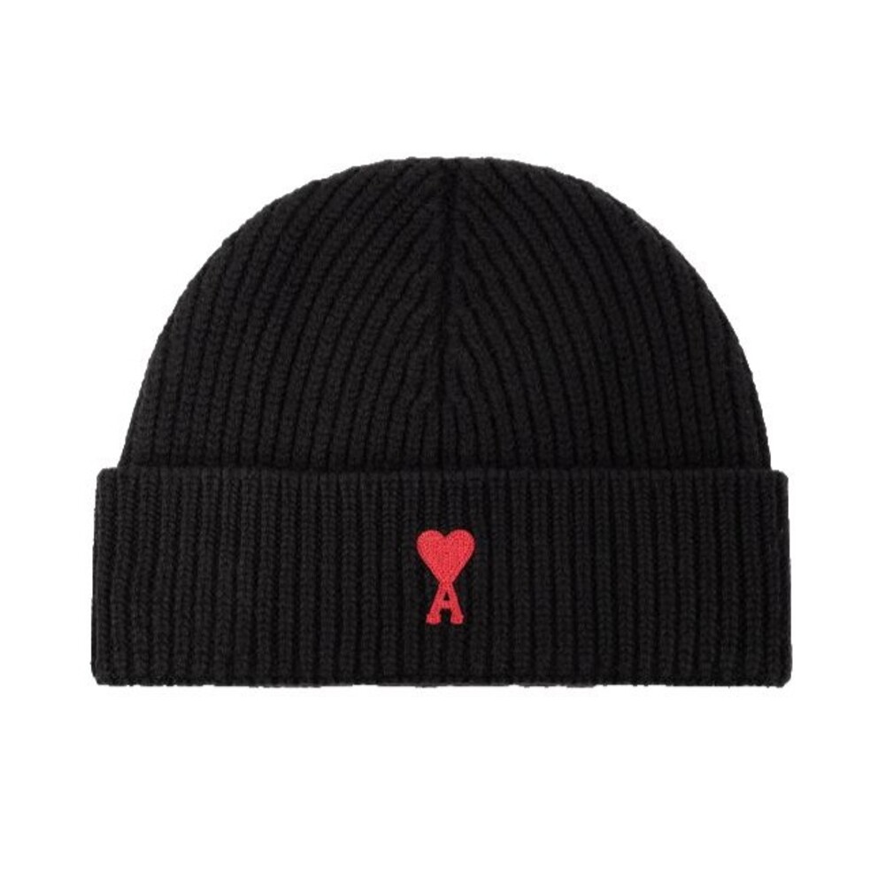 Ami Black Knit Hat with Red Heart Logo